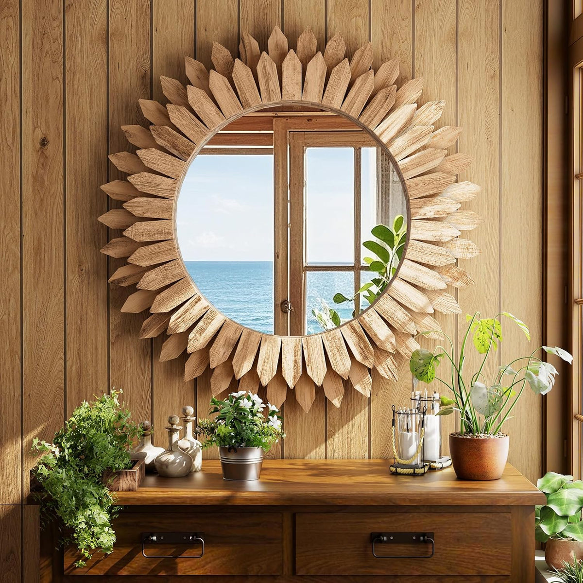 24" Round Sunburst Wooden Mirror Boho Rustic Wall Decor