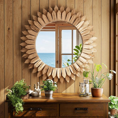 24" Round Sunburst Wooden Mirror Boho Rustic Wall Decor