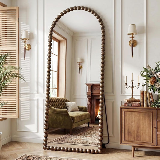 Antok 71" x 28" Arched Full Length Mirror, Antique Beaded Frame Floor Standing or Wall Mounted Mirror with Stand for Bedroom, Entryway, Bronze, Luxury Style