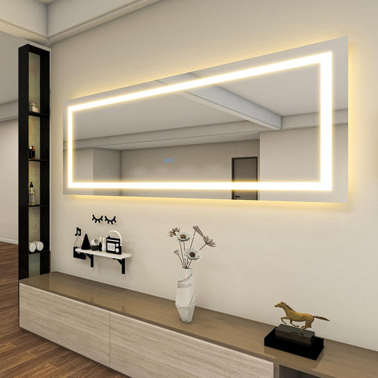 32" x 84" Lighted Mirror for Bathroom Wall, LED Mirror with Frontlit & Backlit, Large Bathroom Mirror with Lights, Dimmable 3-Color Lights, HD Tempered Glass