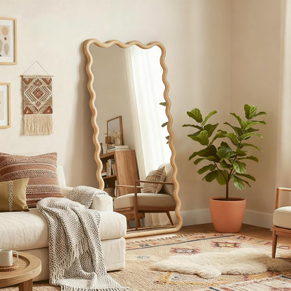 Full Length Mirror, 55”x28” Wavy Wood Floor Mirror for Wall