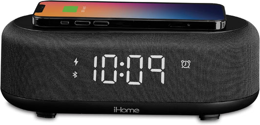 iHome Bluetooth Alarm Clock with Wireless Charger and USB Charging Station, Digital Alarm Clock for Bedrooms, Office, or Dorm (iBTW112)