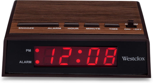 Westclox Retro Wood Style Small Night Table Alarm Clock with Red LED Display, 9-Minute Snooze, Battery Backup, Easy Electric Operation for Bedroom, Home or Office – Woodgrain