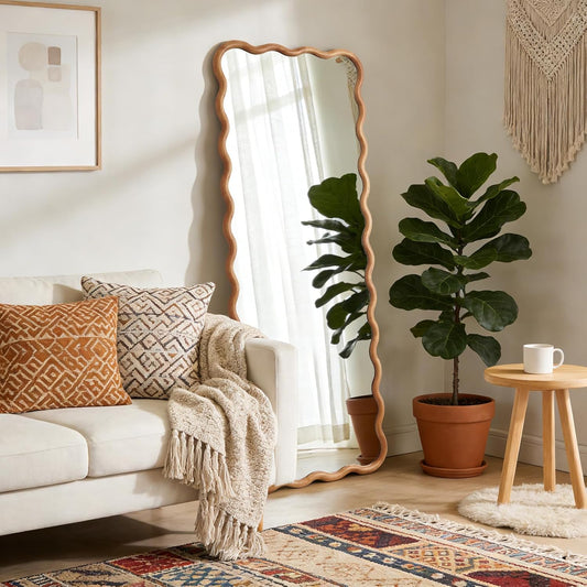 WallBeyond 24"x65" Full Length Mirror with Wood Frame, Natural Wood Wavy Mirror, Decorative Floor or Wall Mounted Mirror for Bedroom, Living Room, Entryway and Dressing Room