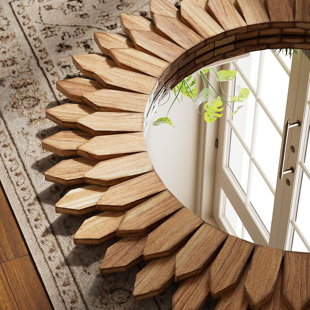 24" Round Sunburst Wooden Mirror Boho Rustic Wall Decor