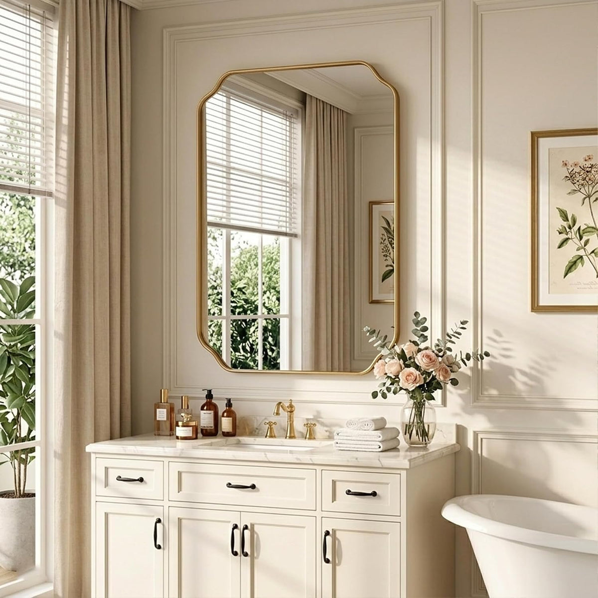 30"x22" Gold Wall Bathroom Mirror, Scalloped Edge Vanity Mirror
