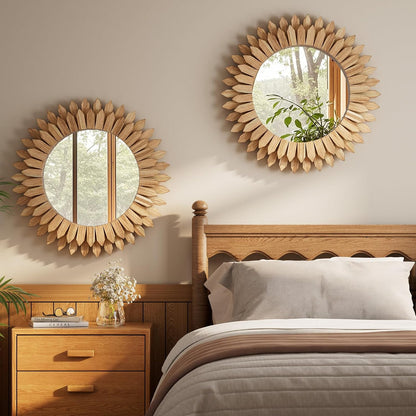24" Round Sunburst Wooden Mirror Boho Rustic Wall Decor