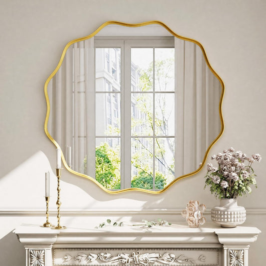 Gold Scalloped Circle Mirror 36" Wavy Edge Round Wall Mirror