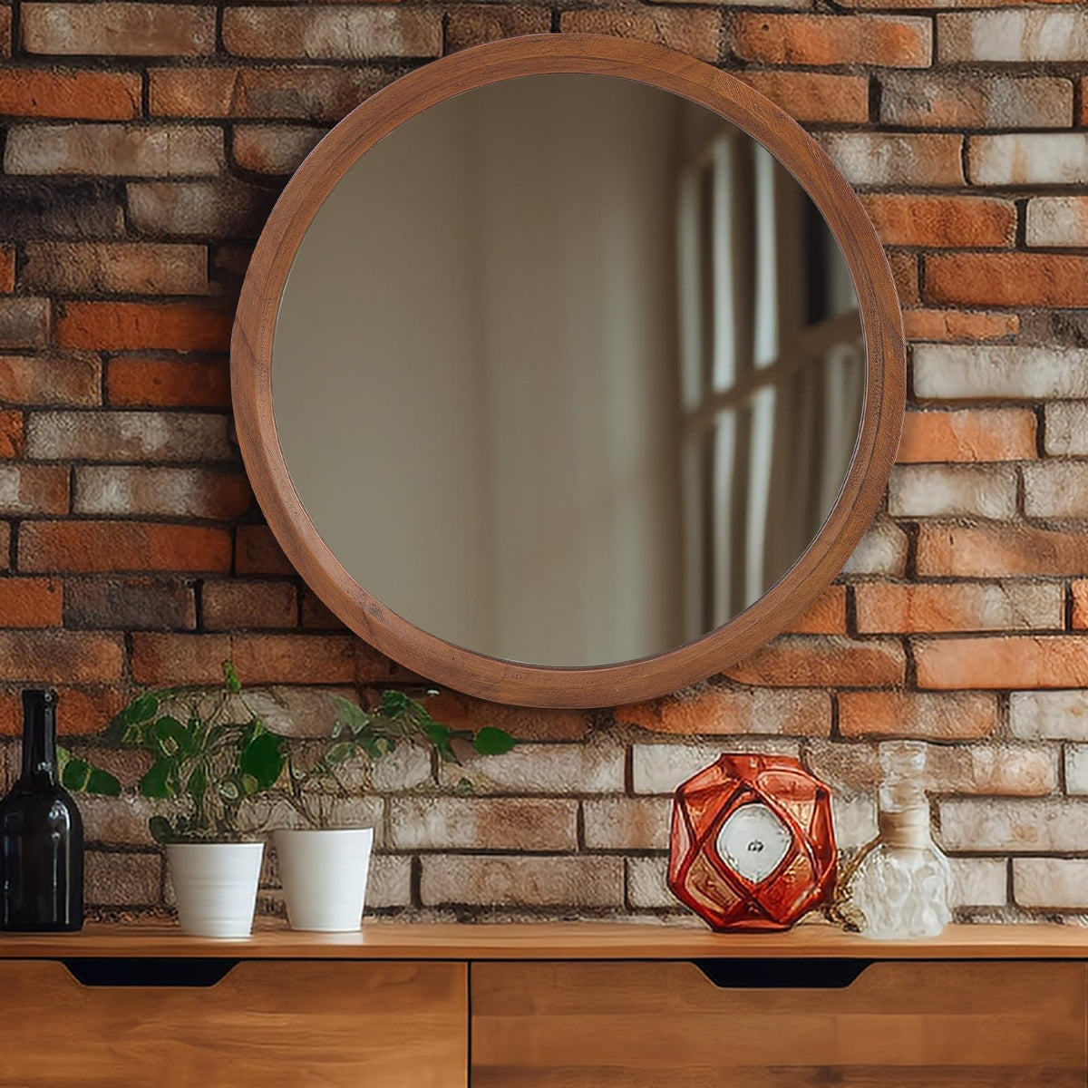 30 Inch Round Wood Mirror, Wall-Mounted Circle Mirrors, Decorative Mirror