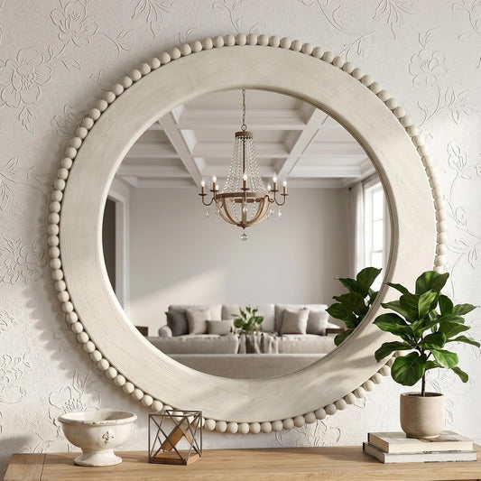 Farmhouse Round Wall Mirror Decor, 24" Circle Solid Wood Mirror Retro White