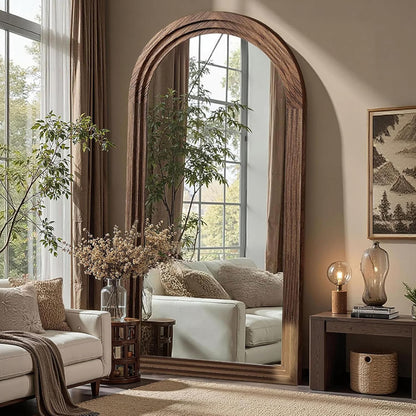 Delma Arched Full Length Mirror with Stand, 75x35 Brown Wood Floor Mirror