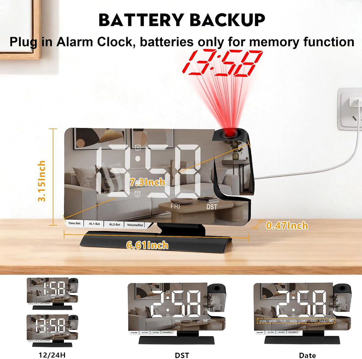 SZELAM Digital Clock,Alarm Clock Bedside with Projection,7.3" Mirror Clock with 180°Rotating Projector,Dual Alarm with 3 Mode,Brightnee Adjust,DST,Snooze,Charging Port,5 Levels Volume for Desk Teens