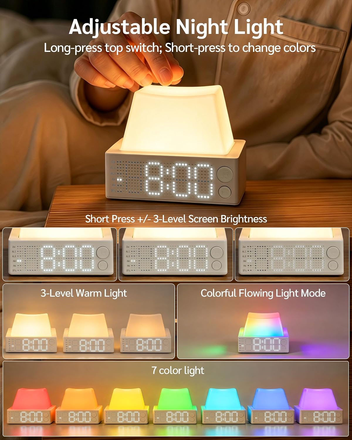 Keycap Alarm Clock with Night Light & White Noise, Digital Clock, Grey