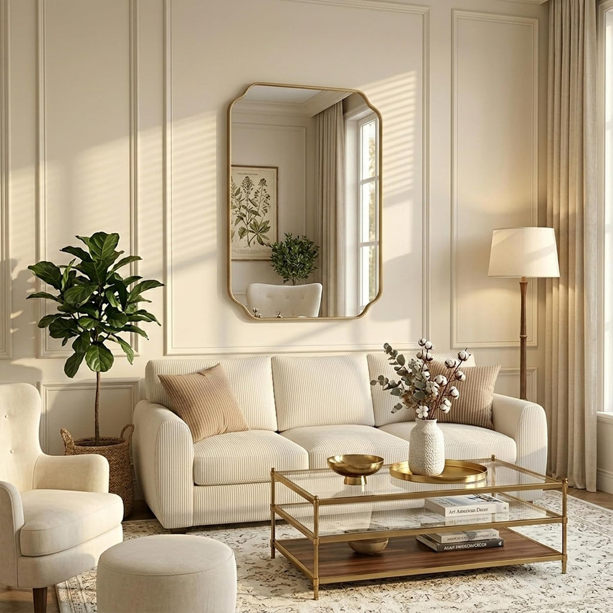 30"x22" Gold Wall Bathroom Mirror, Scalloped Edge Vanity Mirror