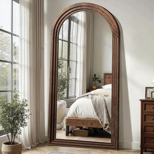 Delma Arched Full Length Mirror with Stand, 75x35 Brown Wood Floor Mirror