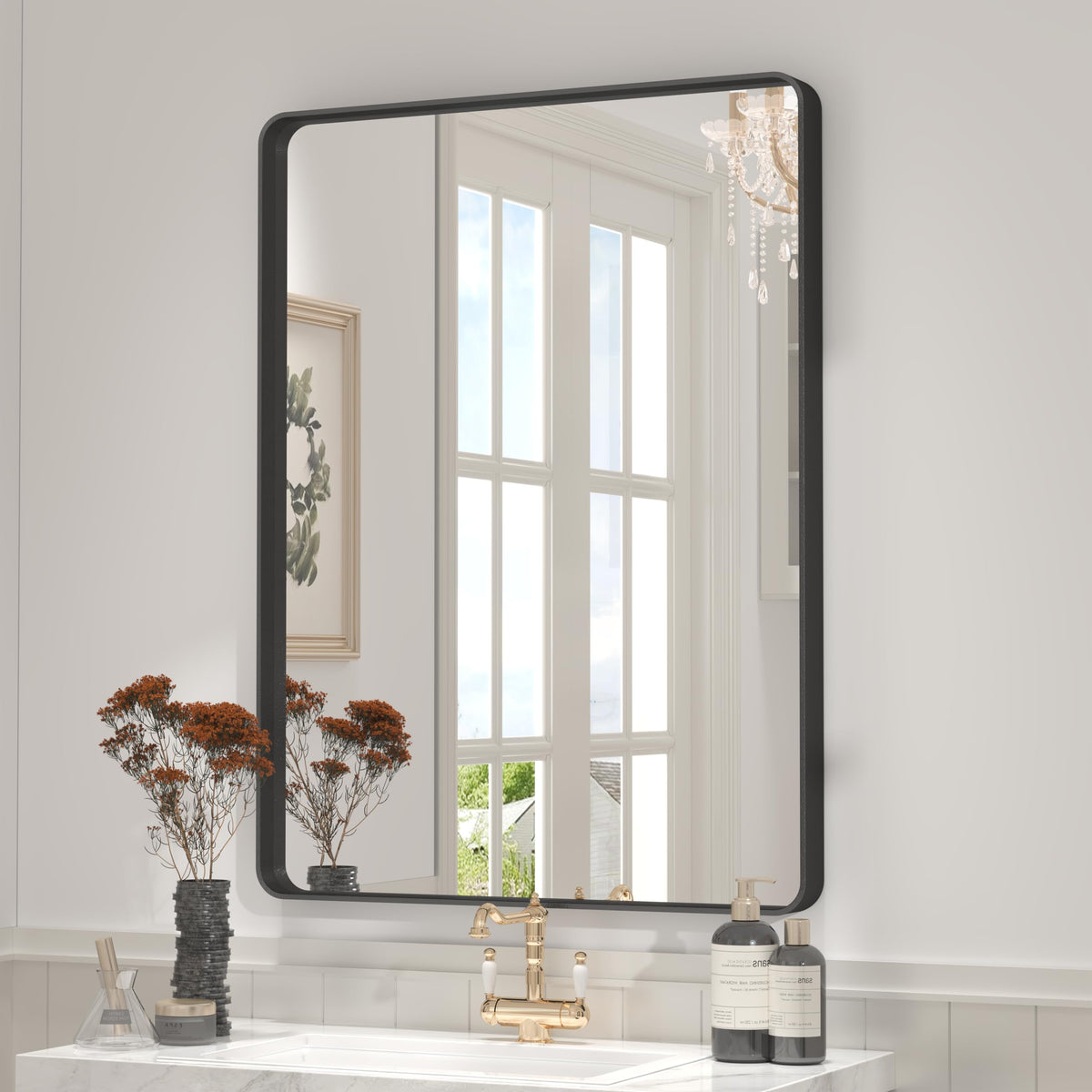 24x30 Inch Black Metal Framed Bathroom Mirror for Wall