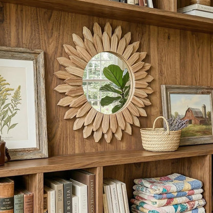 24" Round Sunburst Wooden Mirror Boho Rustic Wall Decor