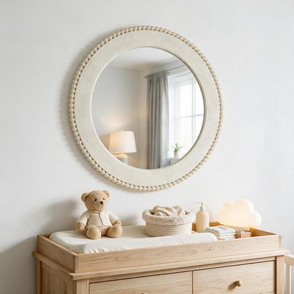 Farmhouse Round Wall Mirror Decor, 24" Circle Solid Wood Mirror Retro White