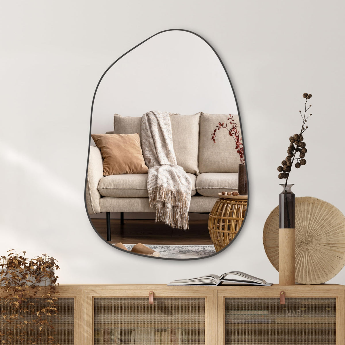 PERFNIQUE Irregular Asymmetrical Wall Mirror, 32"x24" Black Bathroom Mirror