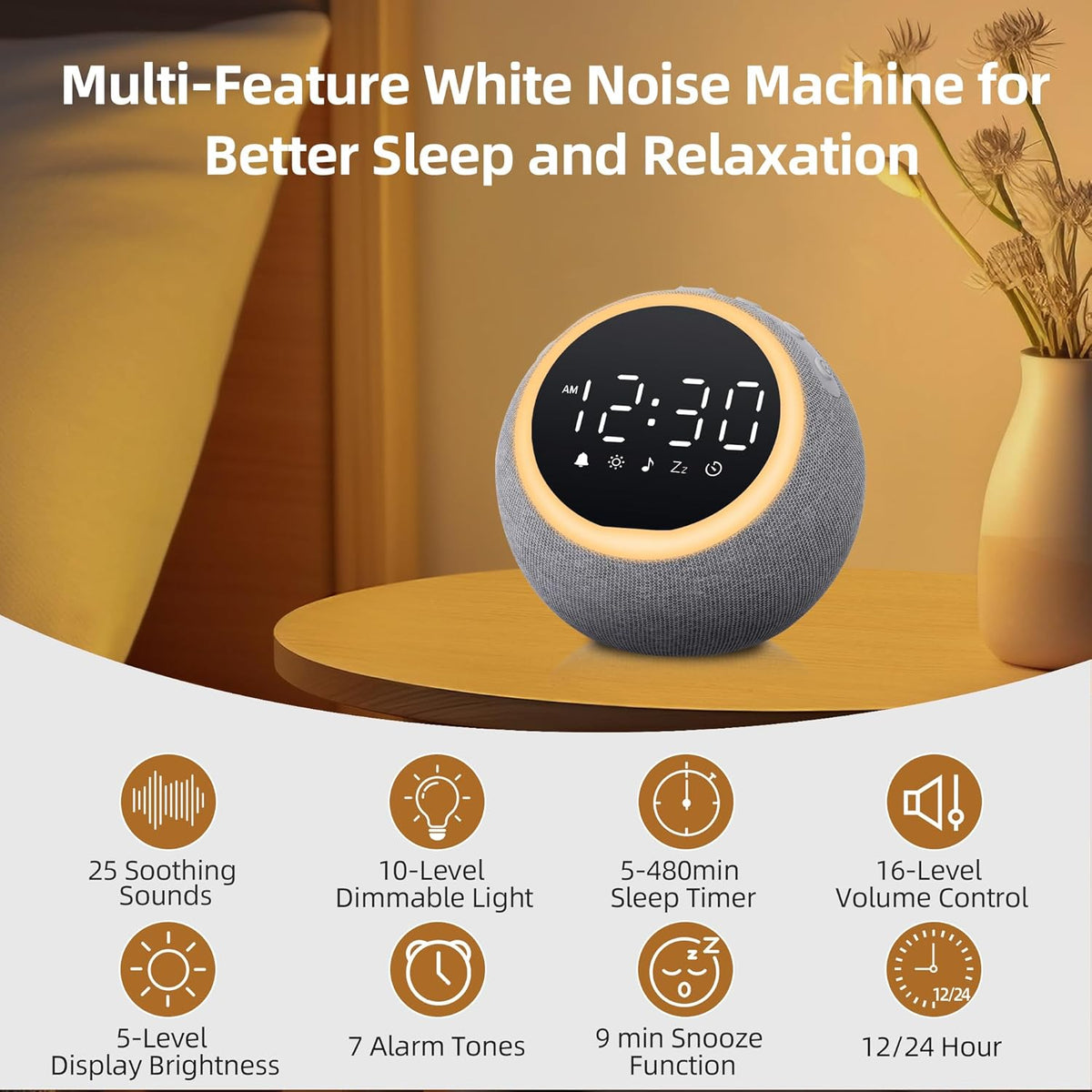 Smart Alarm Clock with White Noise & Night Light for Bedrooms