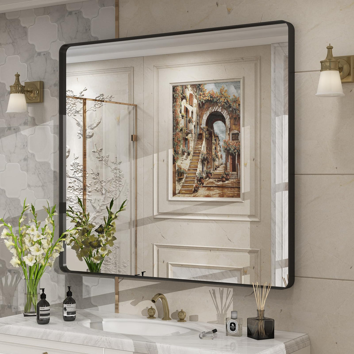 24x30 Inch Black Metal Framed Bathroom Mirror for Wall