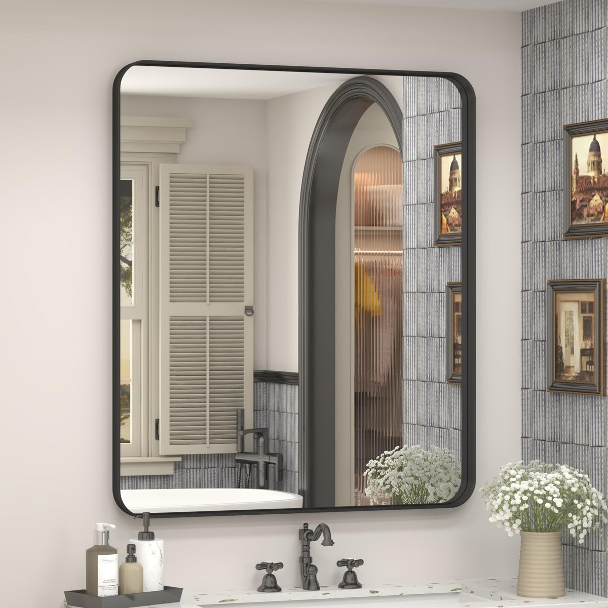 24x30 Inch Black Metal Framed Bathroom Mirror for Wall