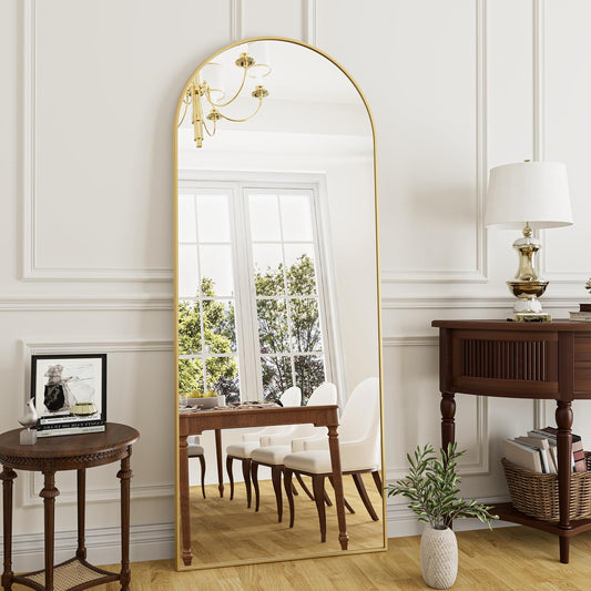 Rowjut Full Length Mirror Arched Floor Length Mirrors, 71"x26" Large Full Body & with Stand&Arch Wall Mounted &Standing Mirror for Bedroom Living Room, Aluminum Frame, Gold