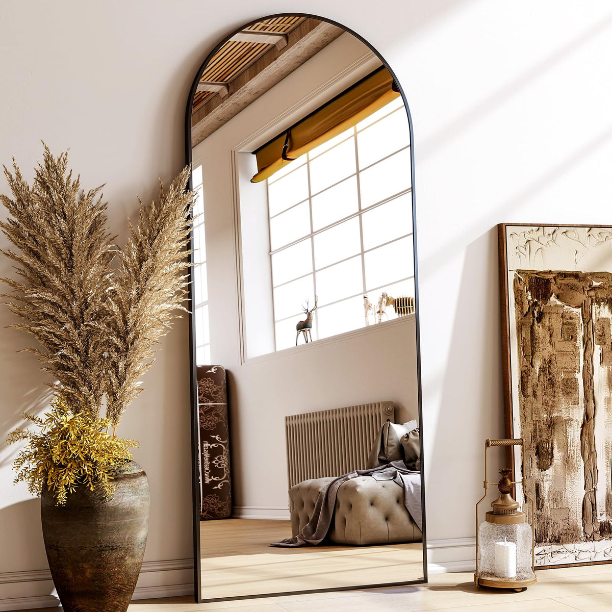 XRAMFY 56"x21" Black Arched Full Length Mirror Floor Mirrors with Stand