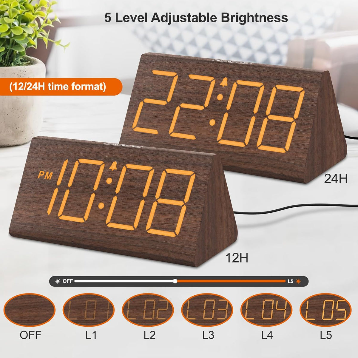 DreamSky Wooden Digital Alarm Clock for Bedrooms Desk with Large Numbers