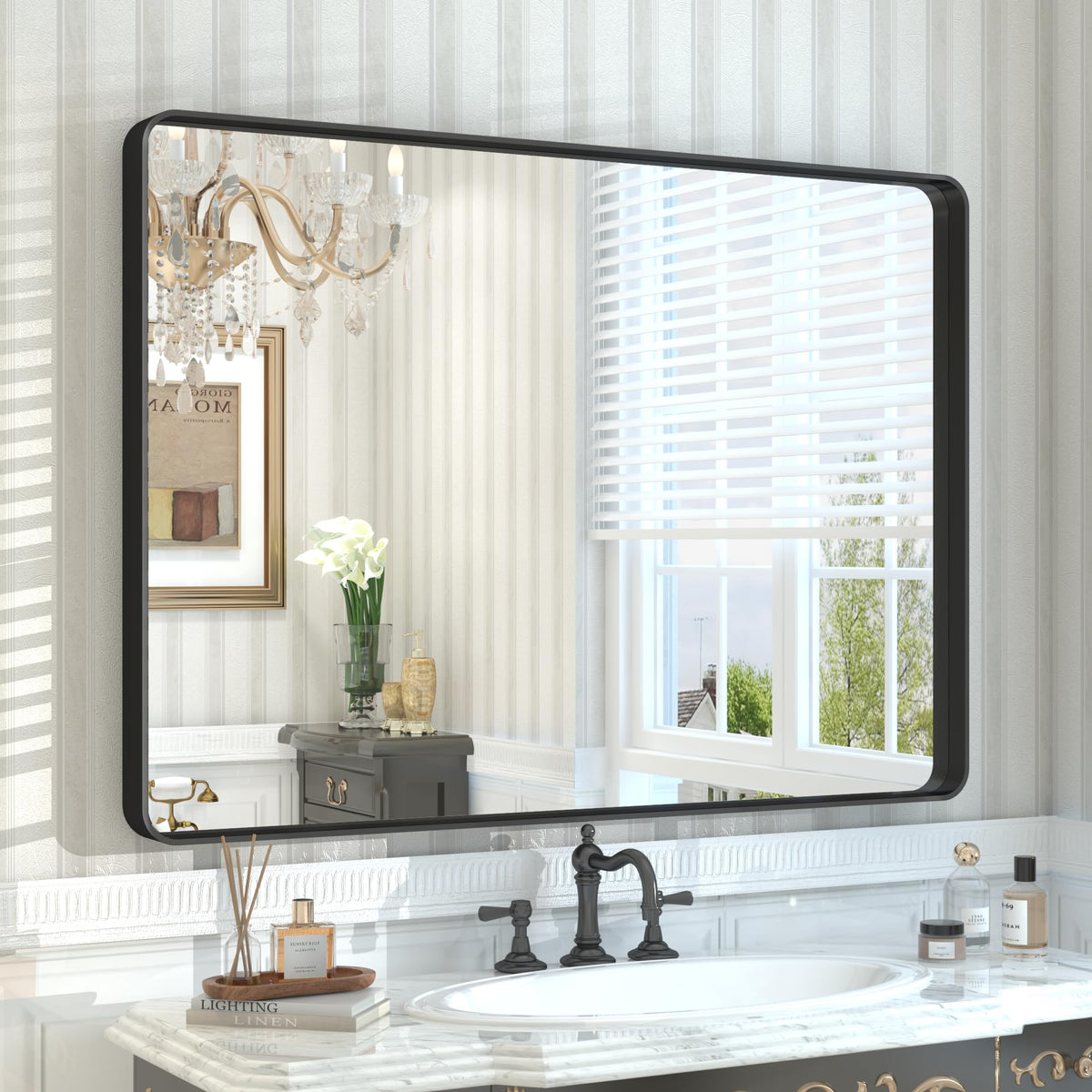 24x30 Inch Black Metal Framed Bathroom Mirror for Wall