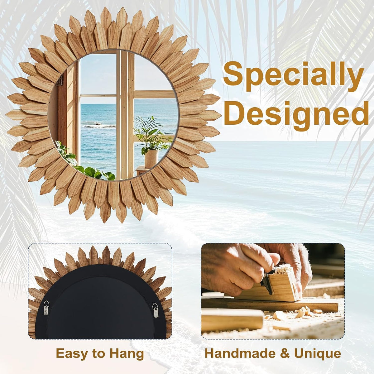 24" Round Sunburst Wooden Mirror Boho Rustic Wall Decor