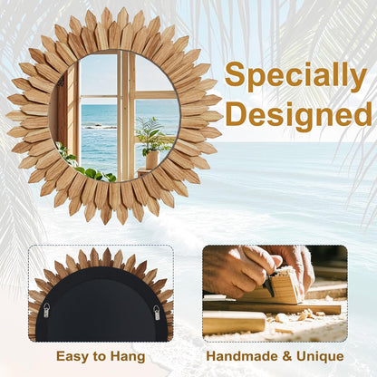24" Round Sunburst Wooden Mirror Boho Rustic Wall Decor