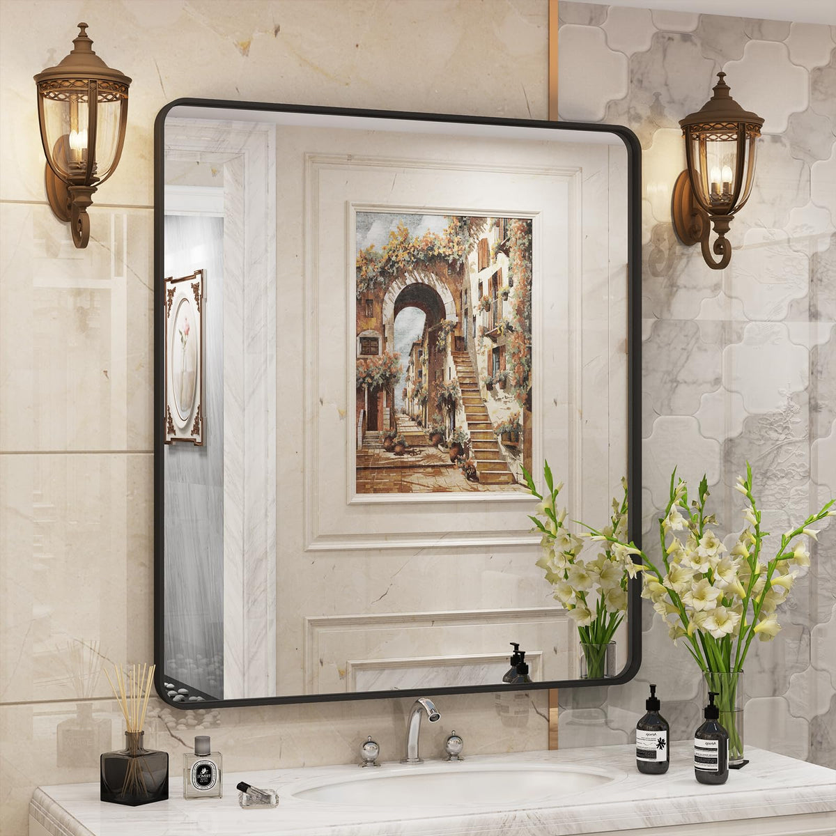 24x30 Inch Black Metal Framed Bathroom Mirror for Wall
