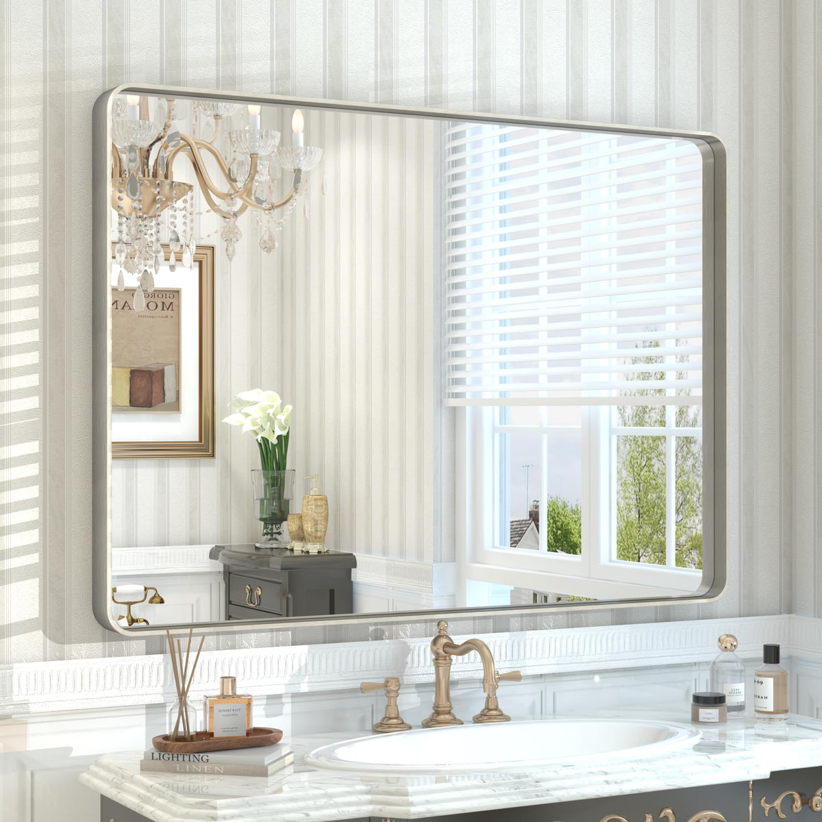 24x30 Inch Black Metal Framed Bathroom Mirror for Wall