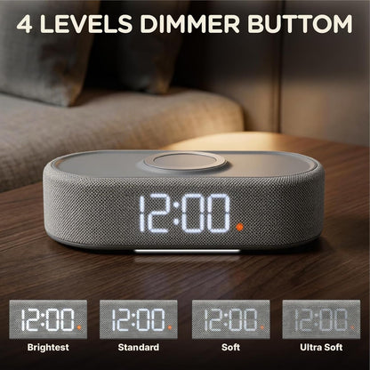 Fabric Digital Alarm Clock for Bedroom, Wireless Charging, Beige
